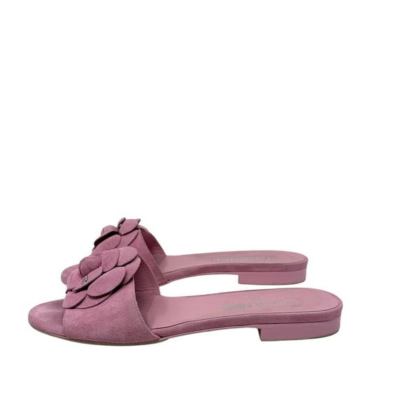 Chanel Camellia Suede Calfskin CC Flower Pink Slide Sandals Size 37 - Picture 5 of 11